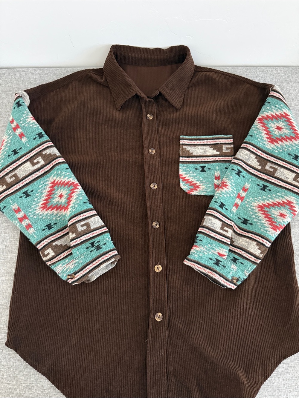 Source Unknown Brown Corduroy Button-Down with Turquoise Aztec Sleeves